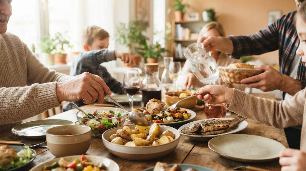 Family members sharing food together around a home table.