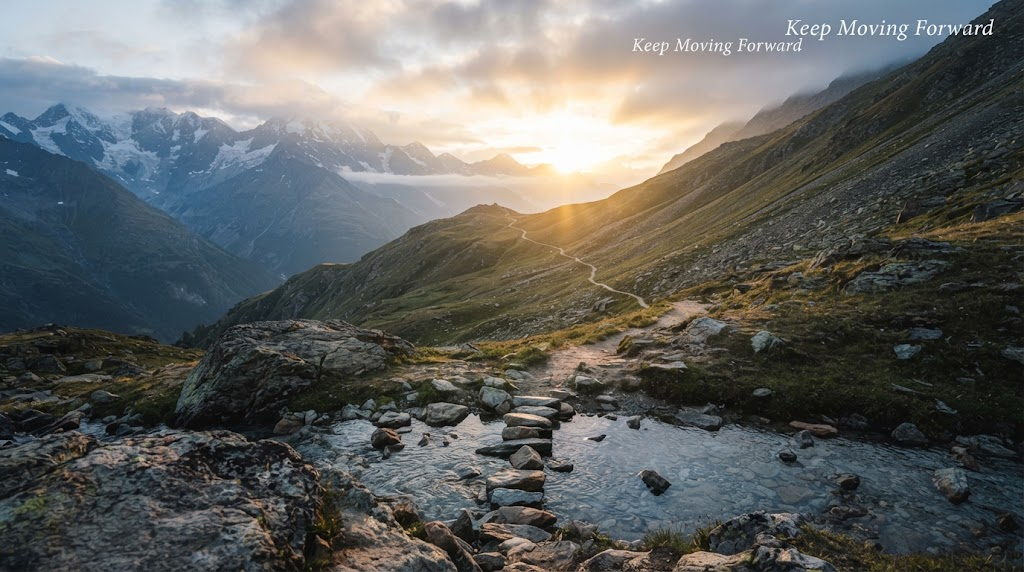 A mountain trail leading toward a bright sunrise.