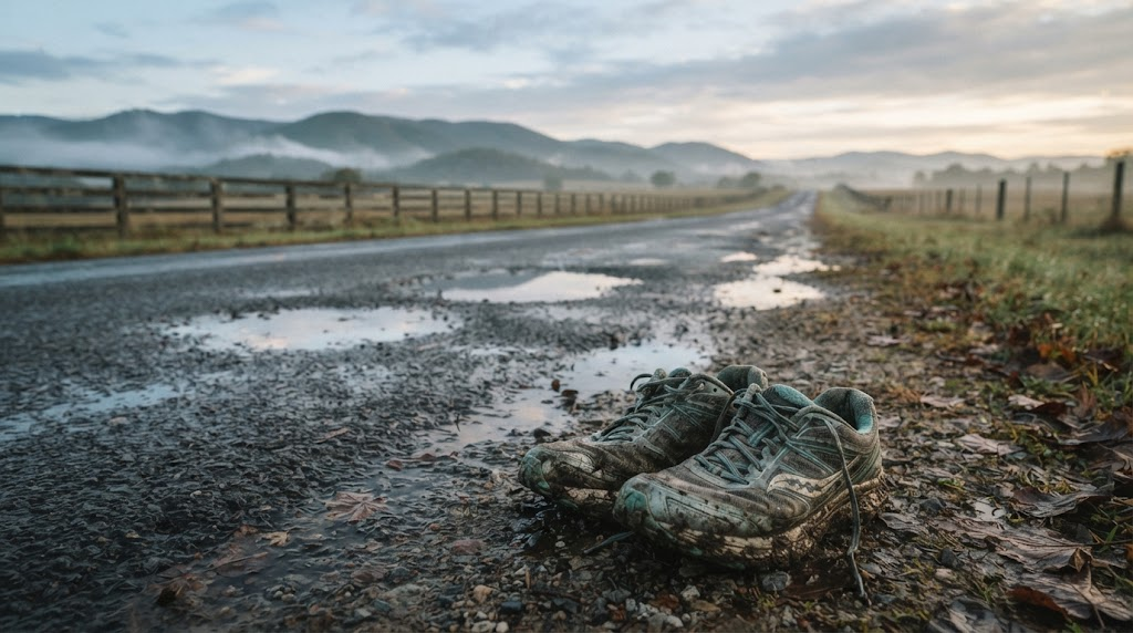 Running shoes beside a wet road under a clearing sky.