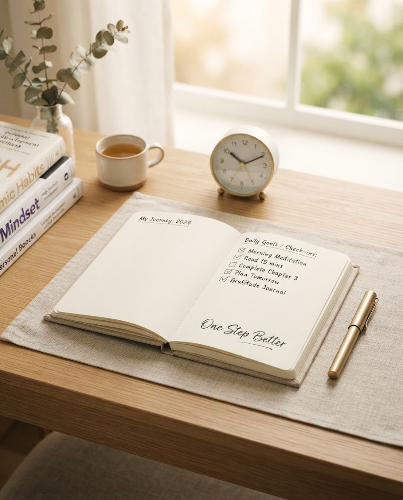 A goal notebook and study materials arranged on a bright desk.