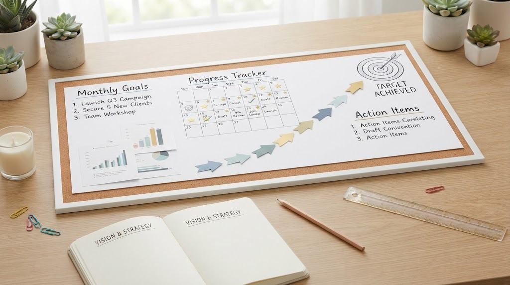 A goal-planning workspace with milestones marked on a calendar.