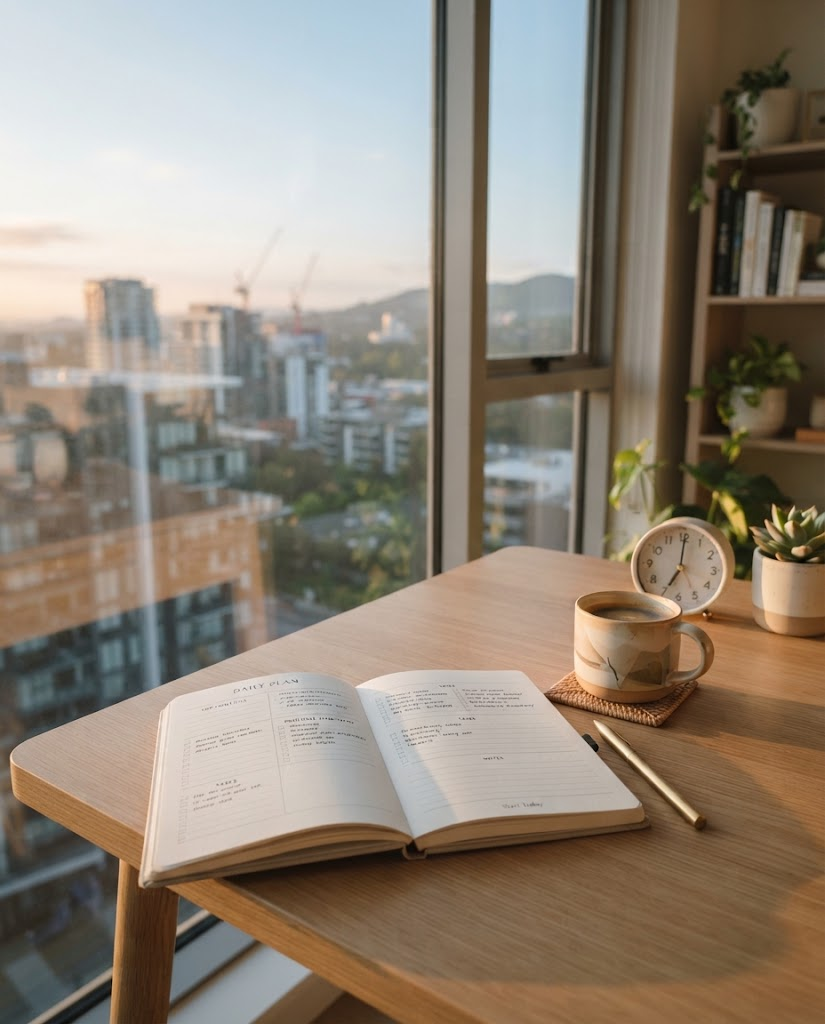 A morning planning desk illuminated by natural sunlight.