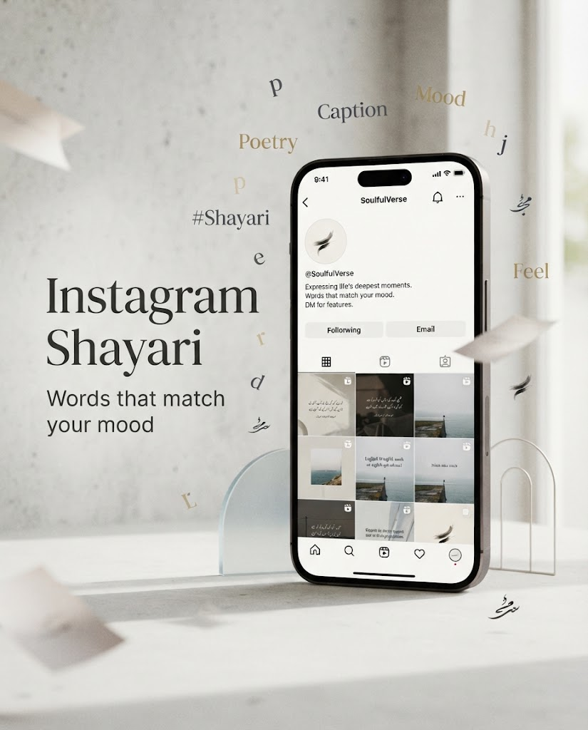 Smartphone displaying a stylish social media profile beside expressive typography.