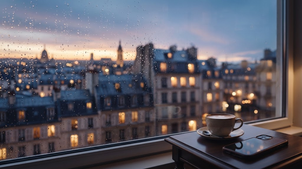 Coffee and smartphone on a table during a peaceful city evening.