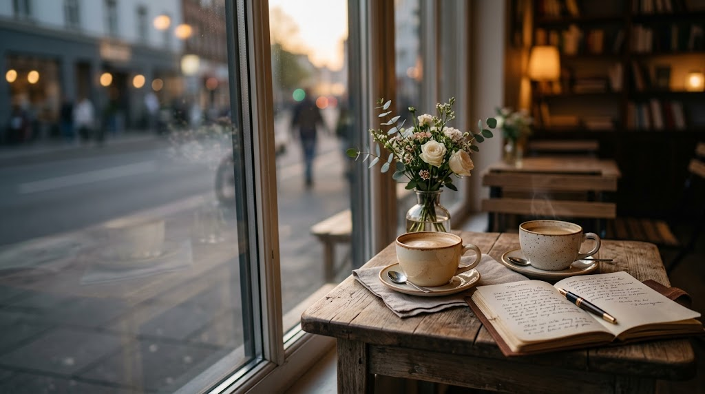 Two coffee cups and handwritten notes creating a warm romantic atmosphere.