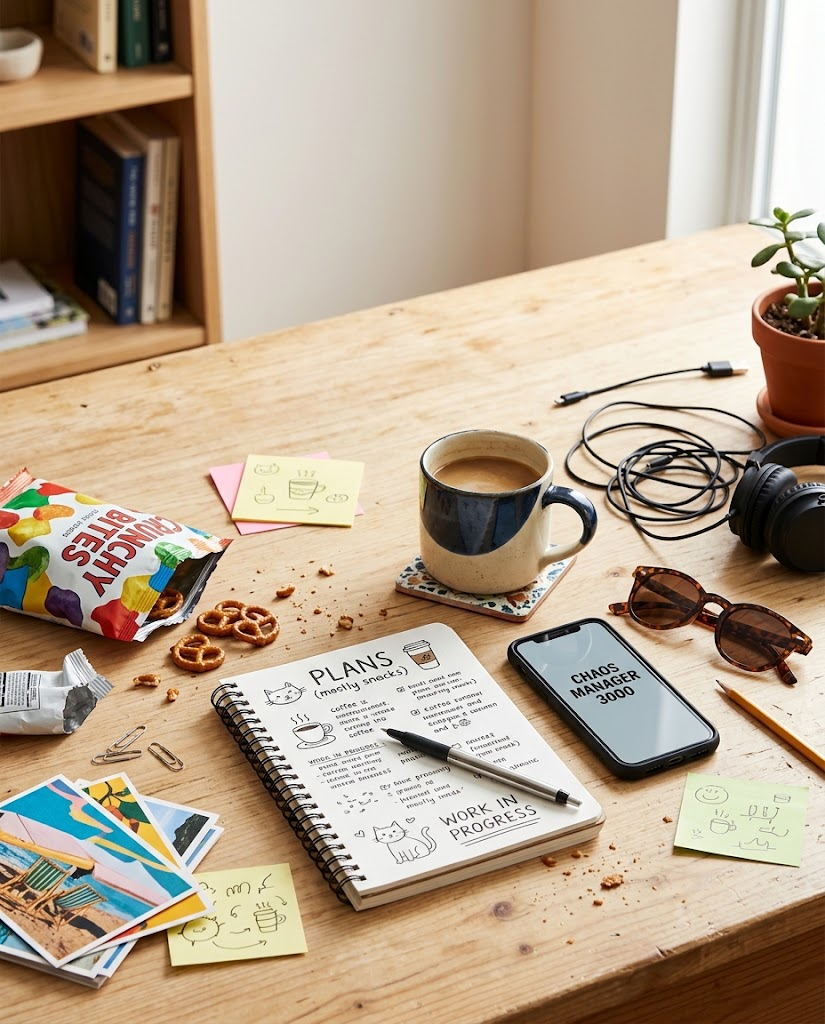 Playful desk scene with snacks, headphones, coffee, and a smartphone.