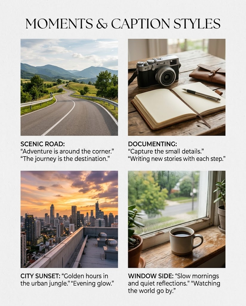 A collage of scenic, creative, urban, and quiet everyday photo moments.