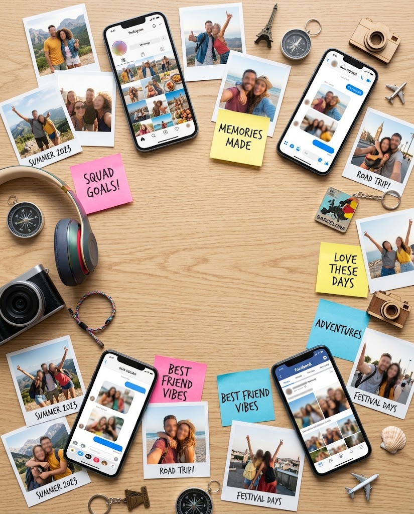 Smartphones, photographs, camera, and travel keepsakes arranged as a memory-themed display.