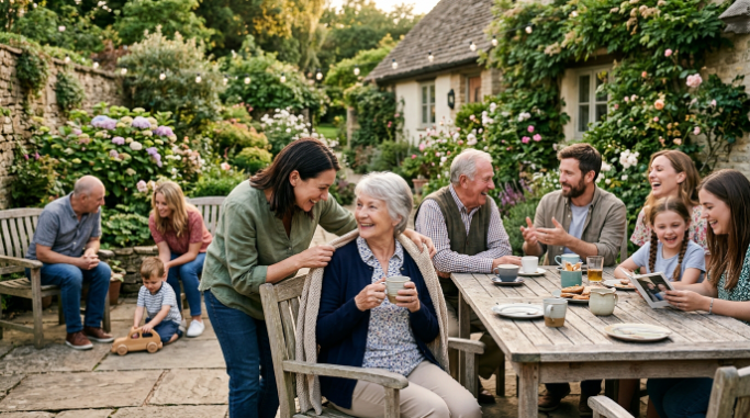 Different generations of a family spending time together outdoors.