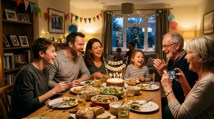 Family enjoying a joyful celebration together at home.
