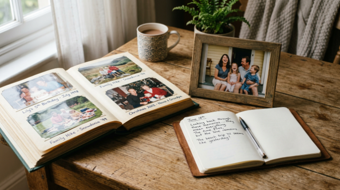 Family photographs and handwritten memories displayed on a table.