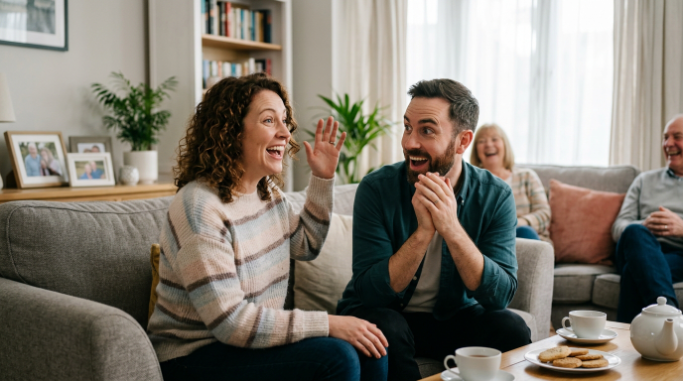 Adult relatives laughing during a playful family conversation.