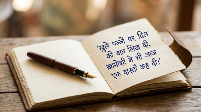 Hindi shayari displayed on an elegant notebook-style quote card.