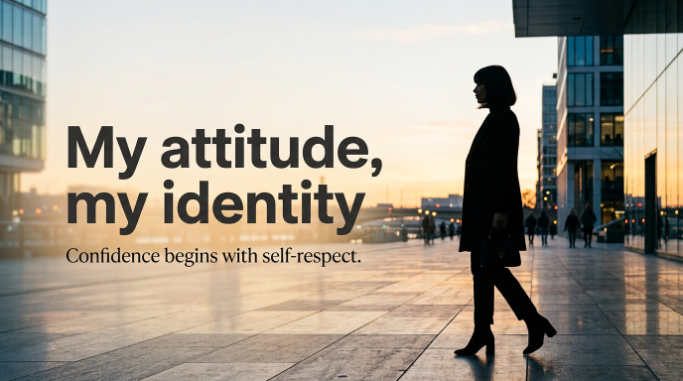 A stylish silhouette stands confidently against a modern city backdrop with a motivational quote.