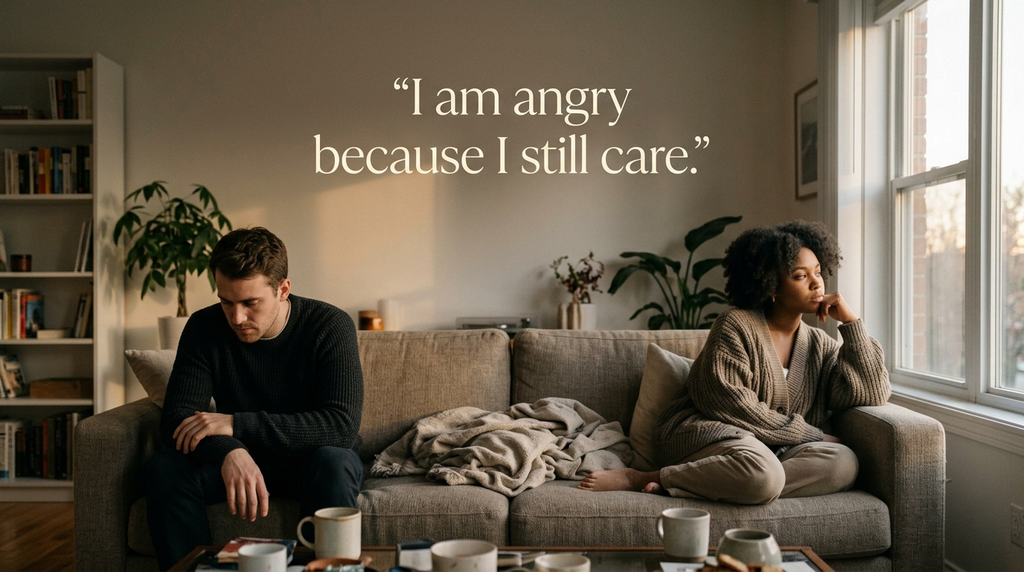 Couple sitting apart after a romantic disagreement with an emotional quote.