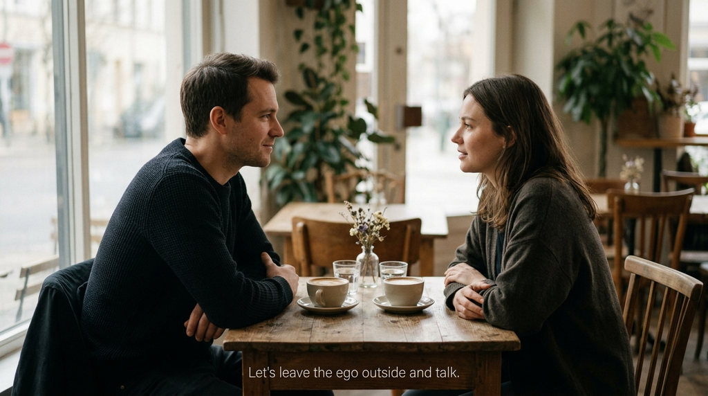 Couple calmly talking and reconnecting after an argument in a café.