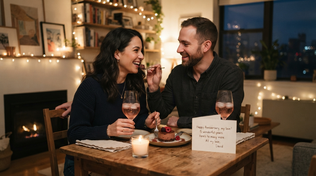 Couple celebrating an anniversary together at home.