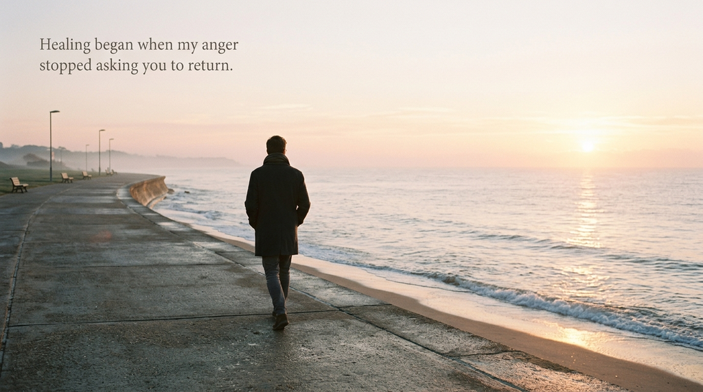 Person walking alone beside the sea at sunrise after a breakup.