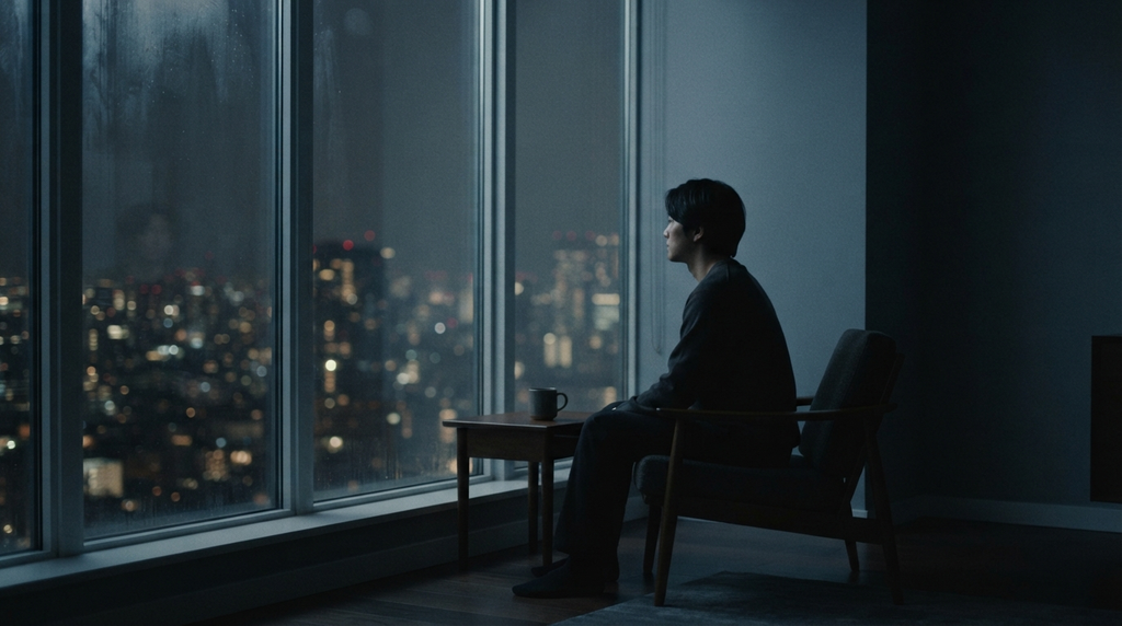Person sitting alone beside a window at night.