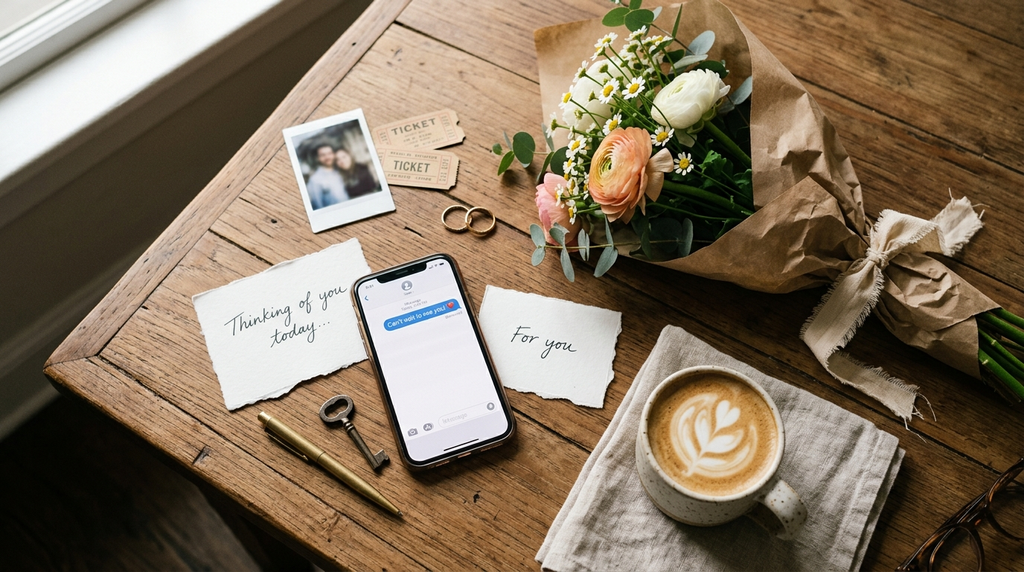 Romantic notes and everyday keepsakes arranged beside a phone.