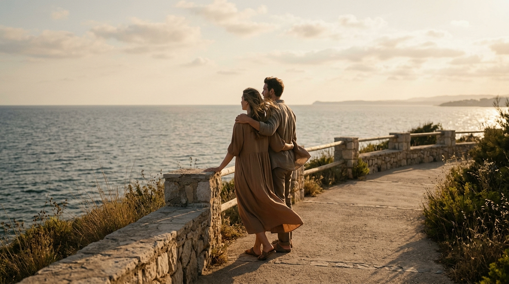 A couple enjoying a peaceful golden-hour moment by the sea.