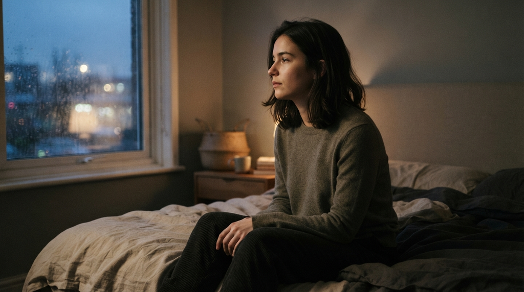 Young woman sitting quietly beside a rain-covered window.