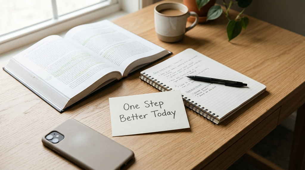 Study desk with an open textbook, notebook, and daily goal card.