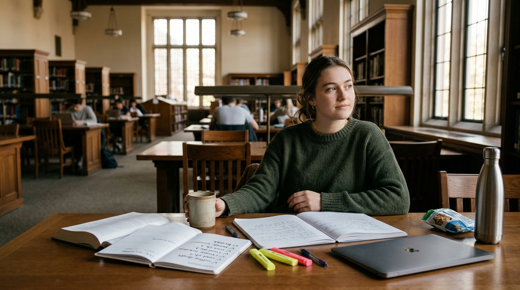 Student taking a thoughtful study break beside organized books and notes.
