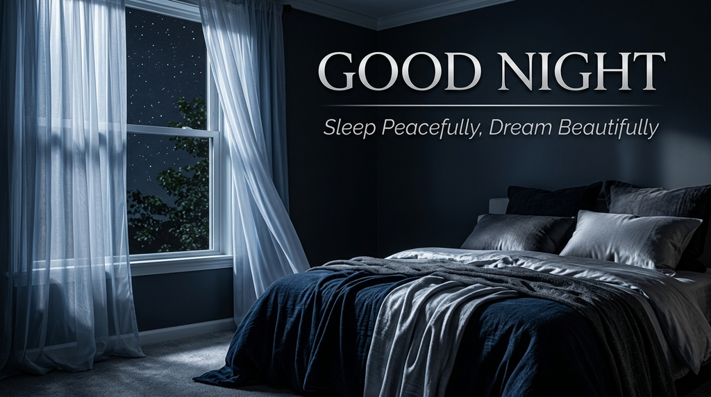 Cozy nighttime window with a peaceful good-night quote.