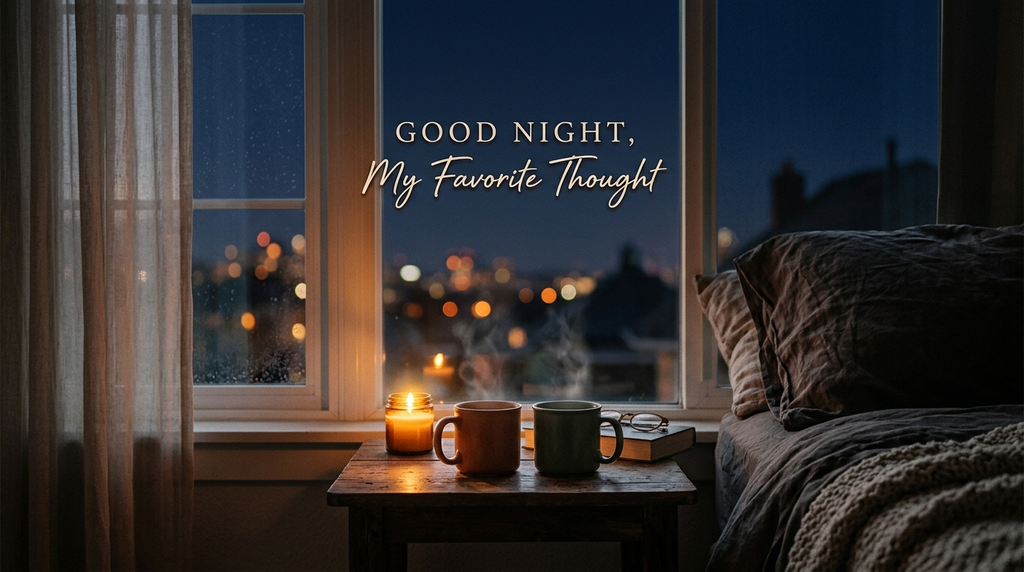 Romantic nighttime window scene with two mugs and a good-night message.