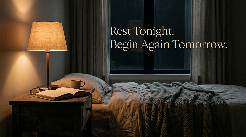 Bedside table with an open book and peaceful good-night message.