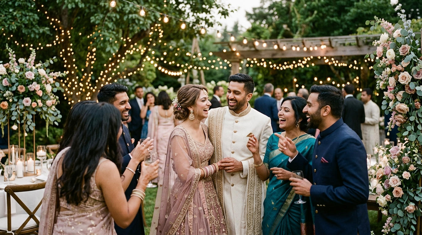 A newly married couple celebrating with friends at an outdoor reception.