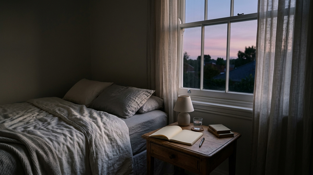 An open journal rests beside a bedroom window at dusk.