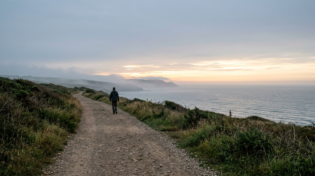 A lone walker follows a quiet coastal path toward the morning horizon.