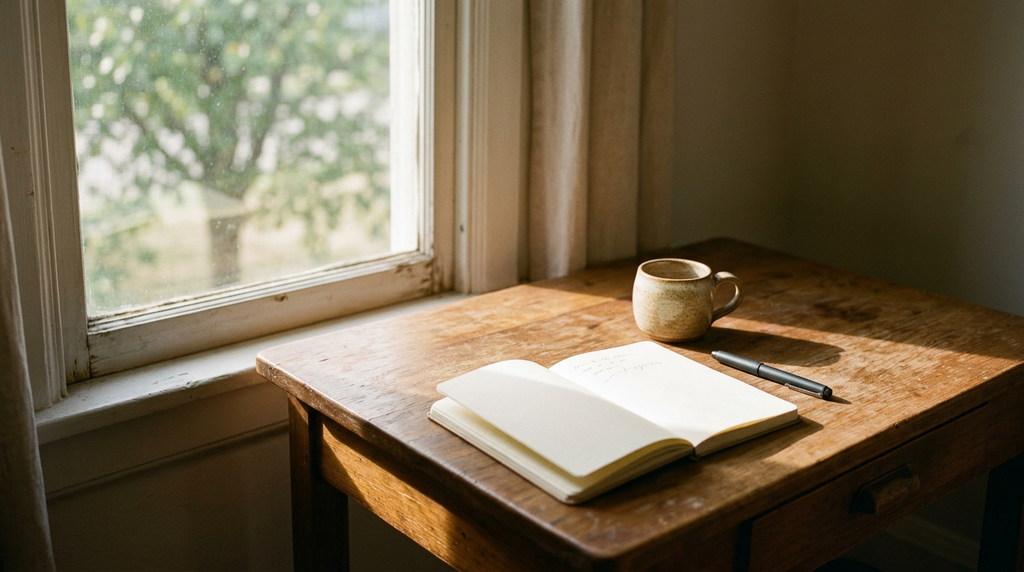 A notebook and pen sit on a sunlit desk beside a window.
