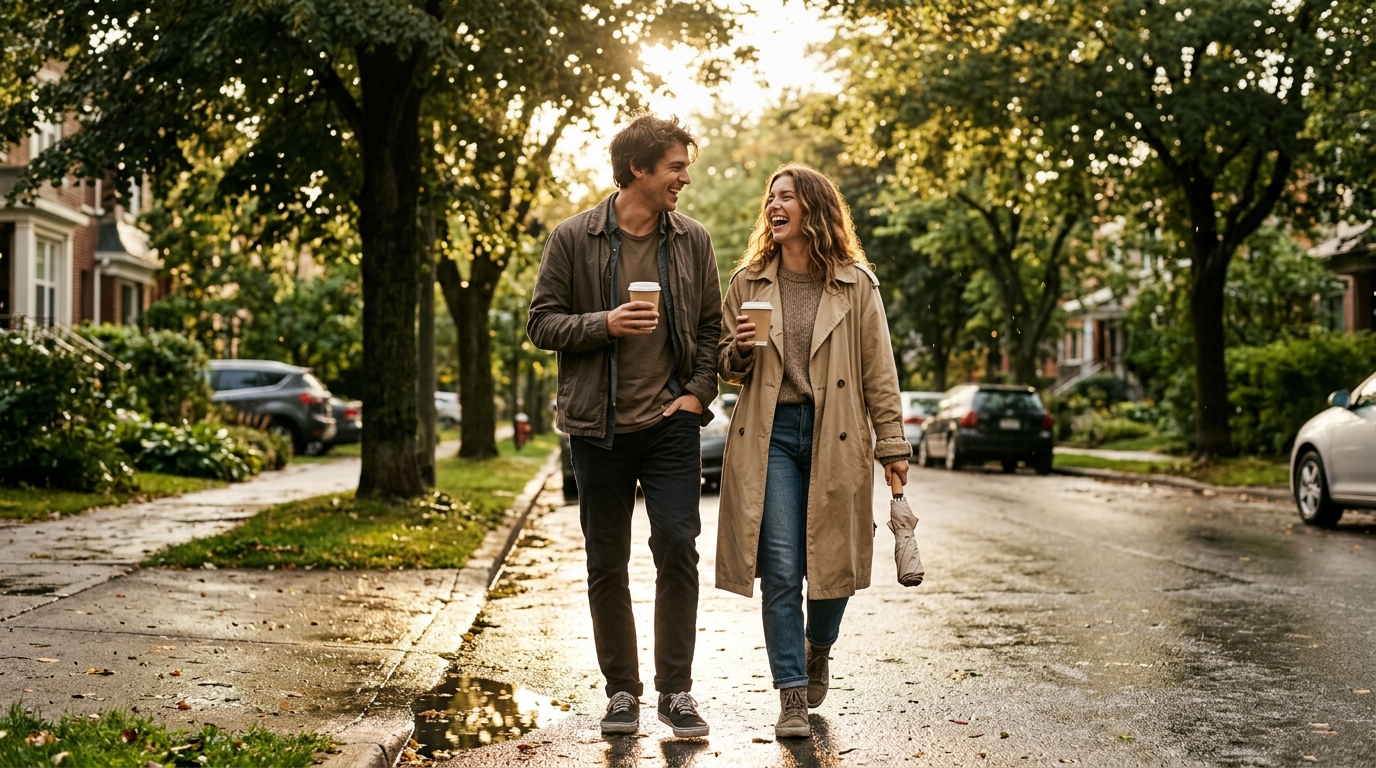 A couple laughing together during a relaxed afternoon walk.
