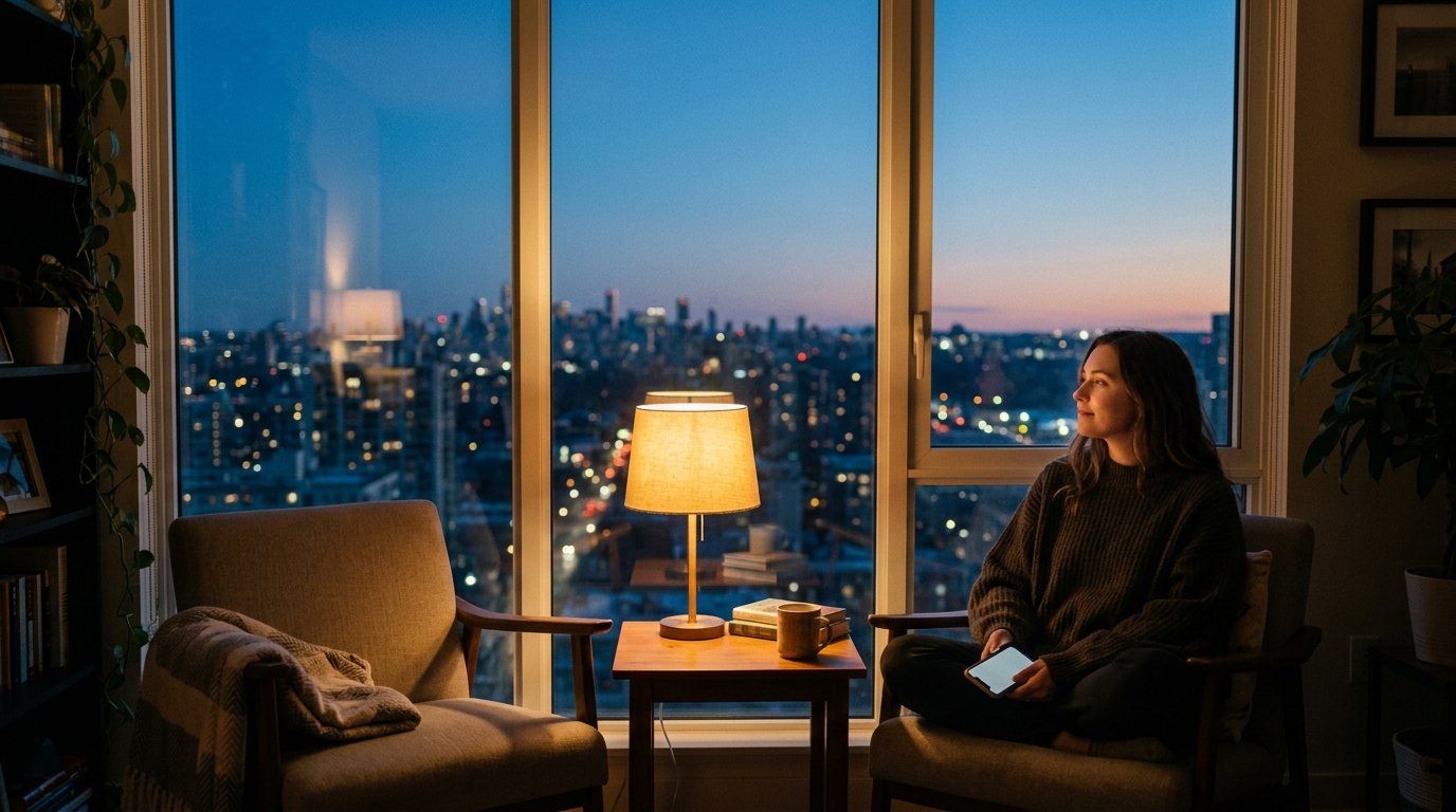 A person looking out a window while thinking about someone far away.