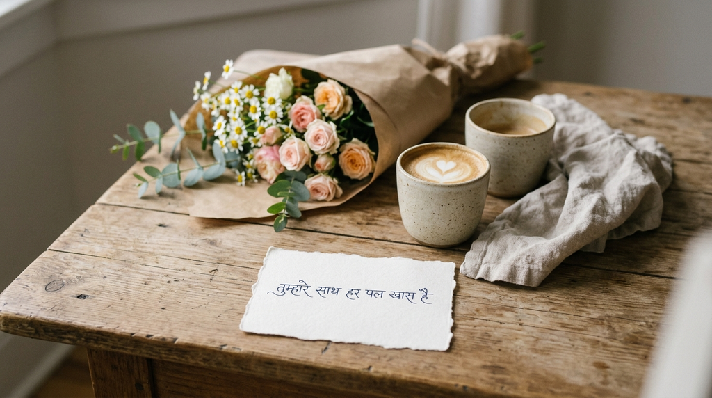 A handwritten romantic note placed beside two coffee cups and fresh flowers.