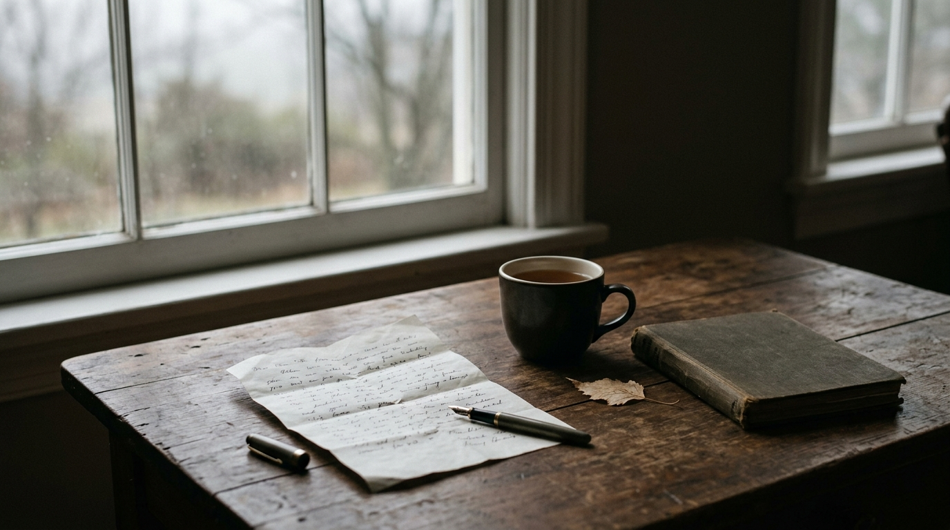 A handwritten letter and notebook resting on a quiet desk beside a window.