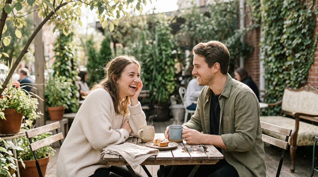 Couple laughing together at a cozy outdoor café.