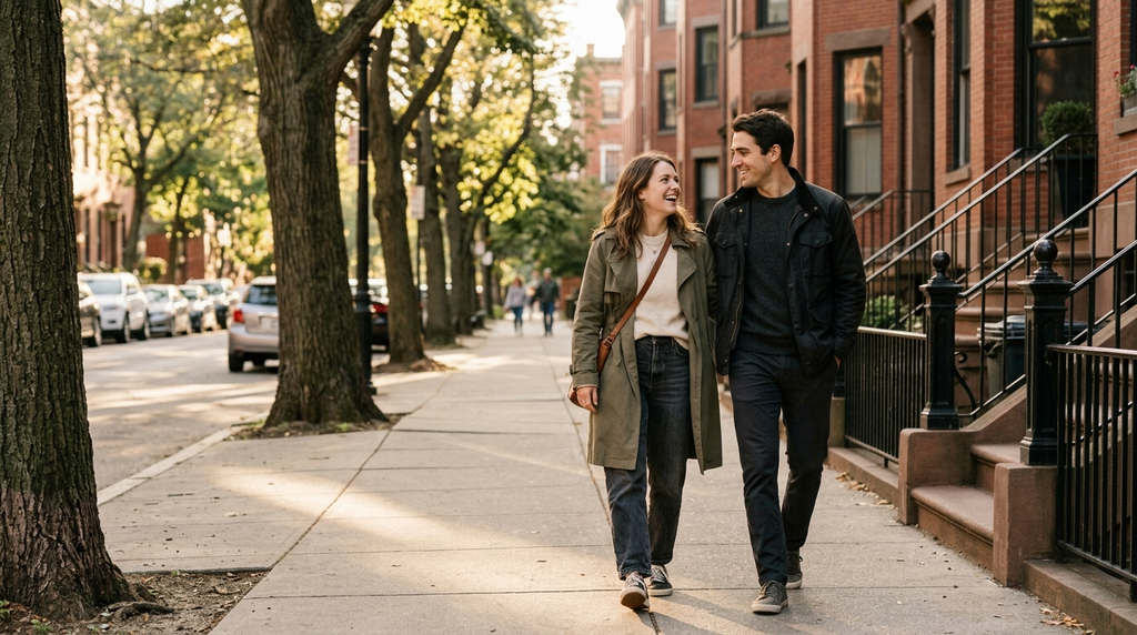 Couple walking together on a sunlit city street.