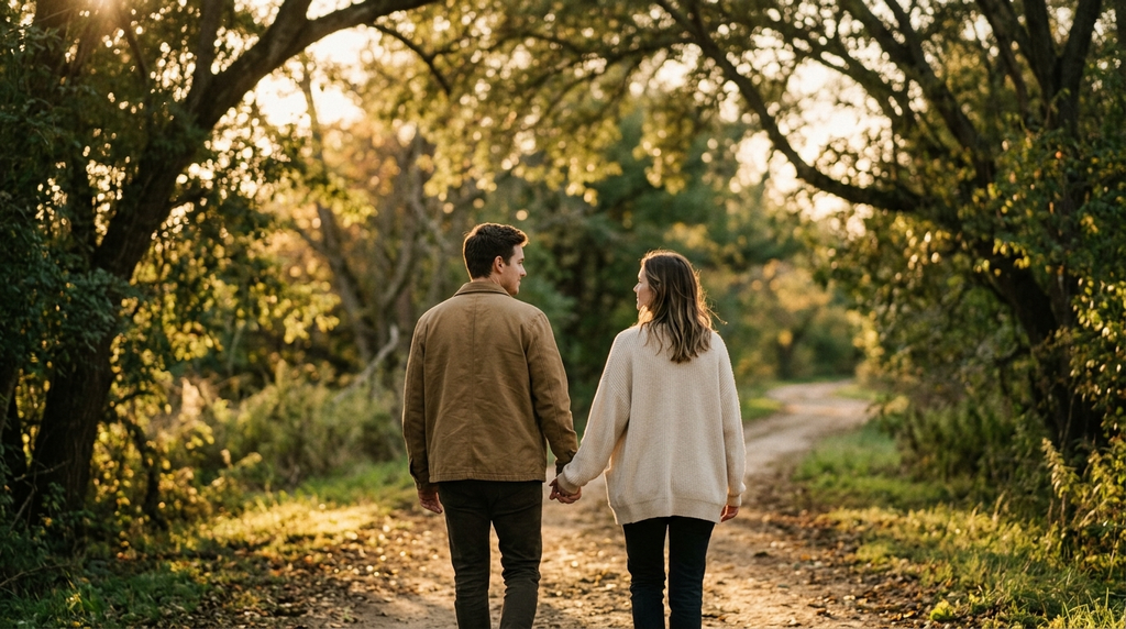 A couple walking hand in hand along a peaceful path.