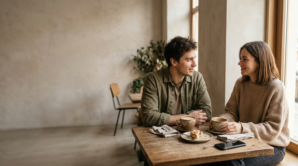 A couple enjoying a relaxed conversation over coffee.