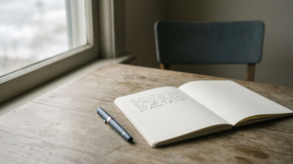 An open notebook and pen on a desk beside a cloudy window.