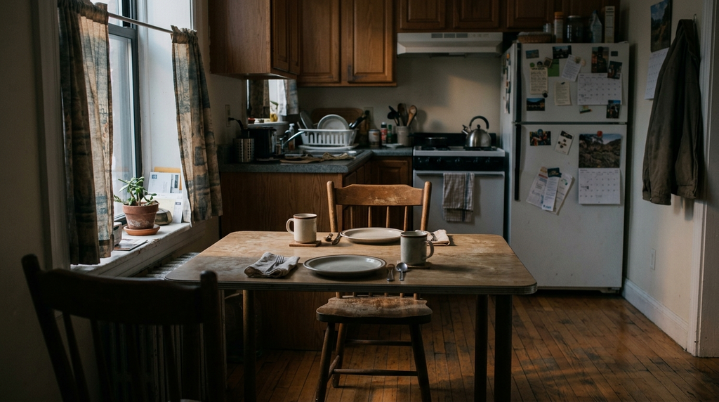 An empty chair and two mugs at a quiet kitchen table.