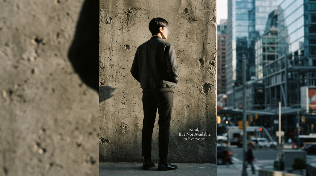 Confident figure standing against a modern concrete city wall.