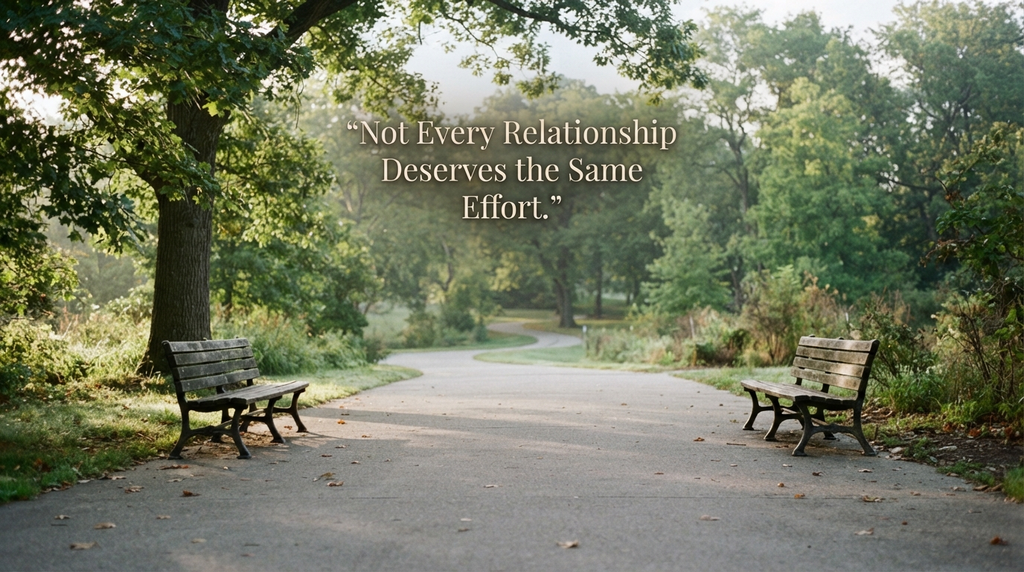 Two separated benches in a quiet park at sunrise.