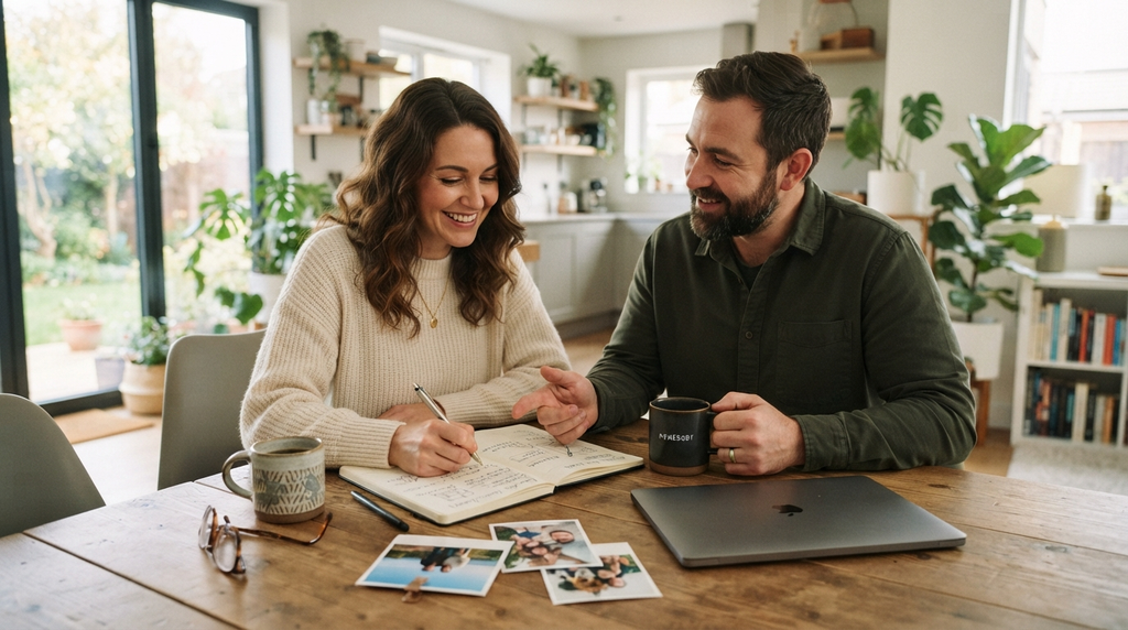Husband and wife planning their future together at home.