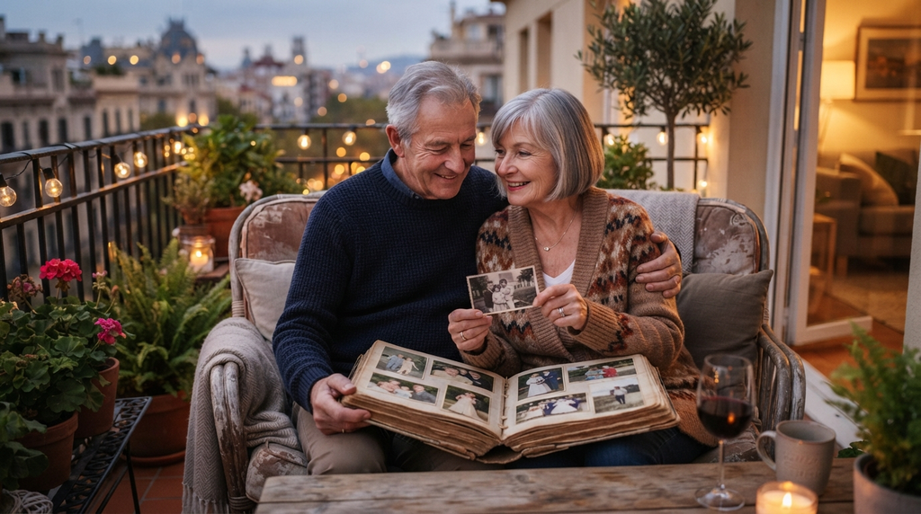 Long-married couple looking through old photographs together.