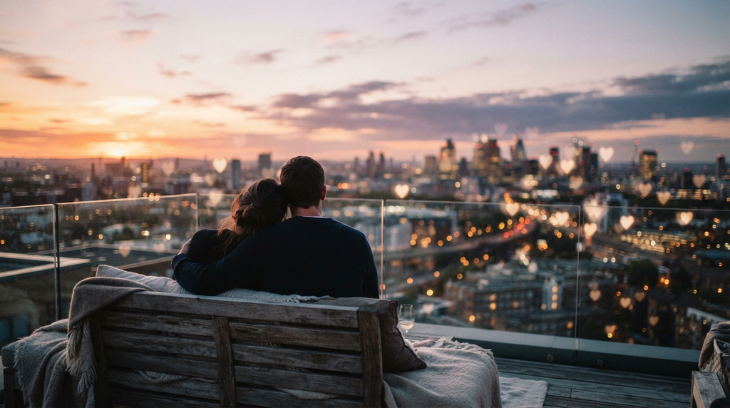 Couple sitting together on a rooftop at sunset.